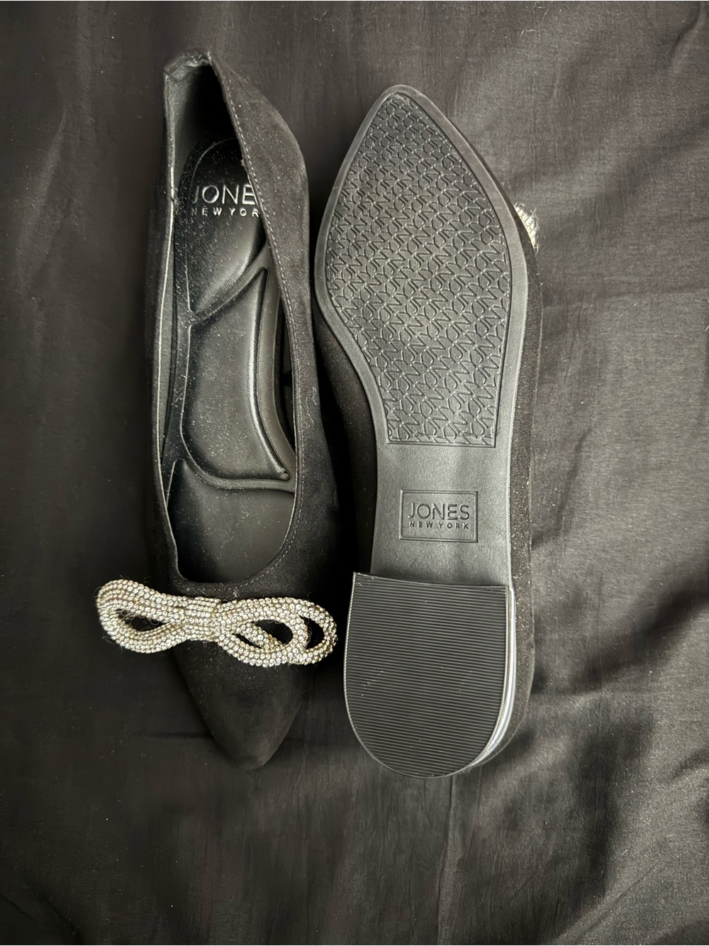 Jones New York Black Pointed Flats with Crystal Knot Detail